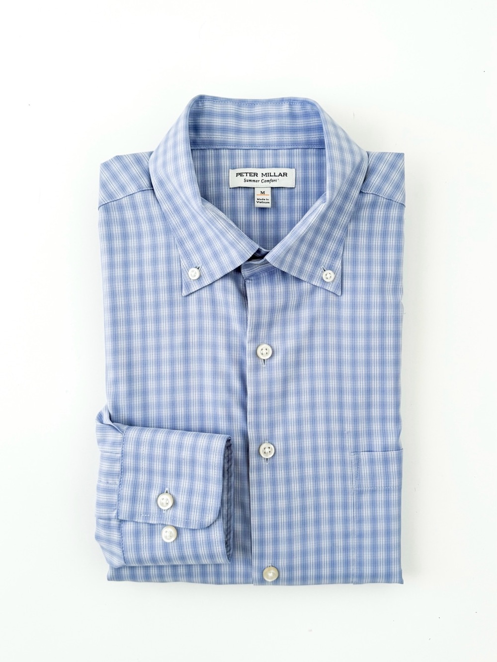 NEW Peter Millar "Summer Comfort" Blue White Gingham Button-Down Shirt M Stretch
